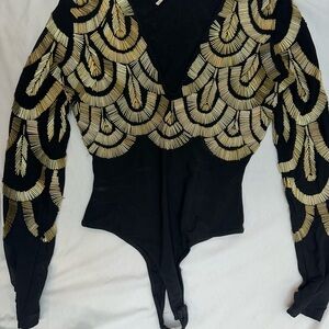 Free People Black Bodysuit with Gold Beaded Detail XS